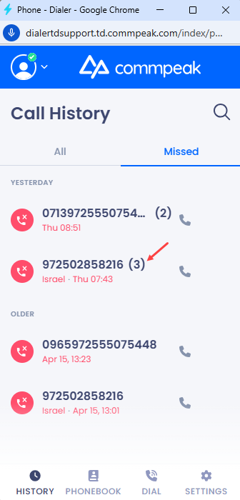 Screenshot of the grouped missed calls