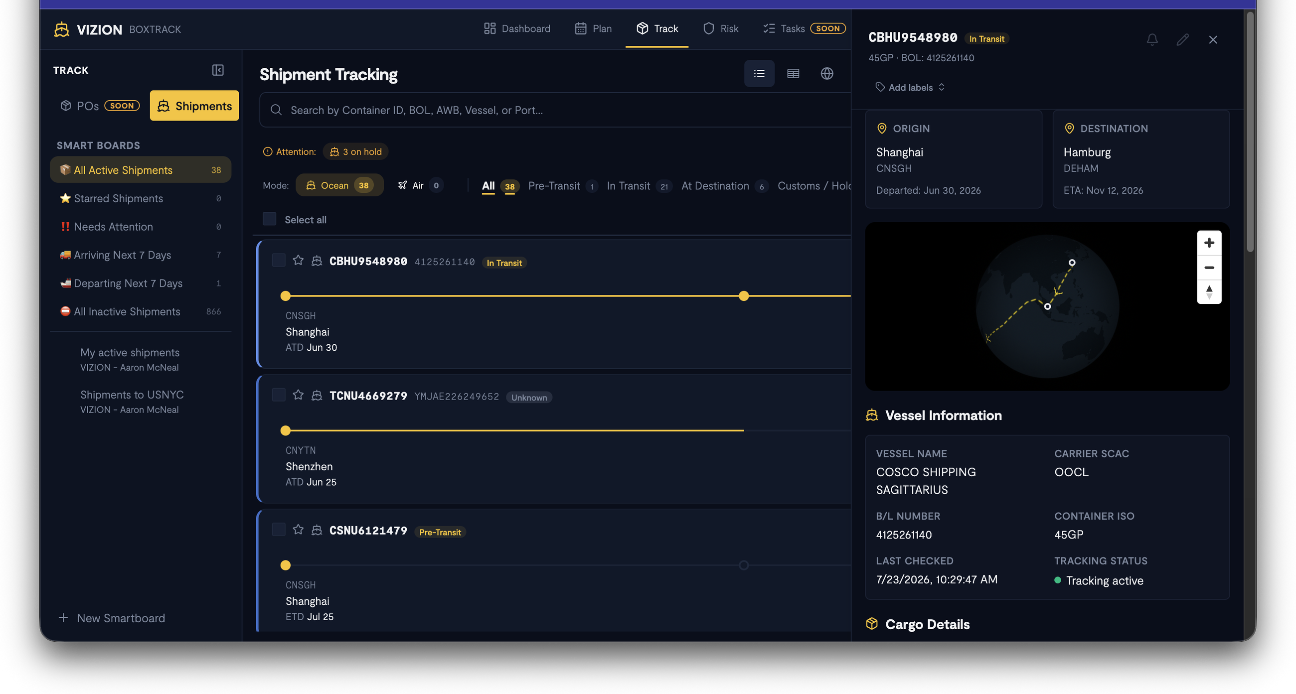Screenshot: The side panel that opens when clicking a shipment, showing container ID and status badge at top, origin/destination route card, interactive map with vessel position, Vessel Information table, Cargo Details, Journey Progress bar, and the start of the Milestone Timeline