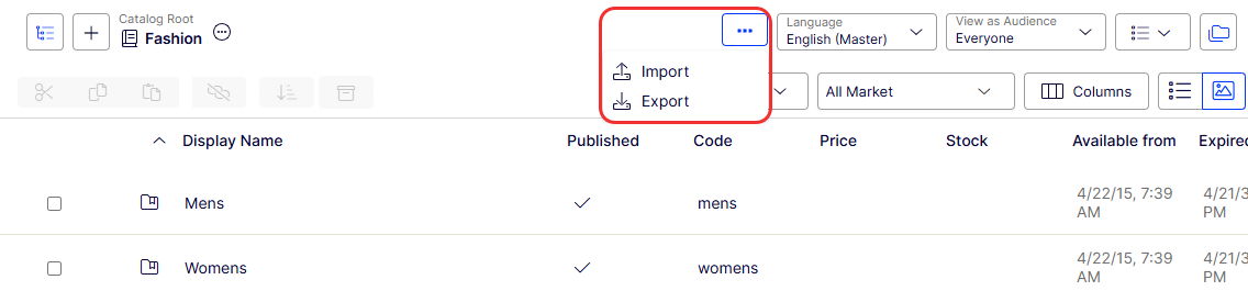 screenshot of the Catalogs menu with the Export option highlighted