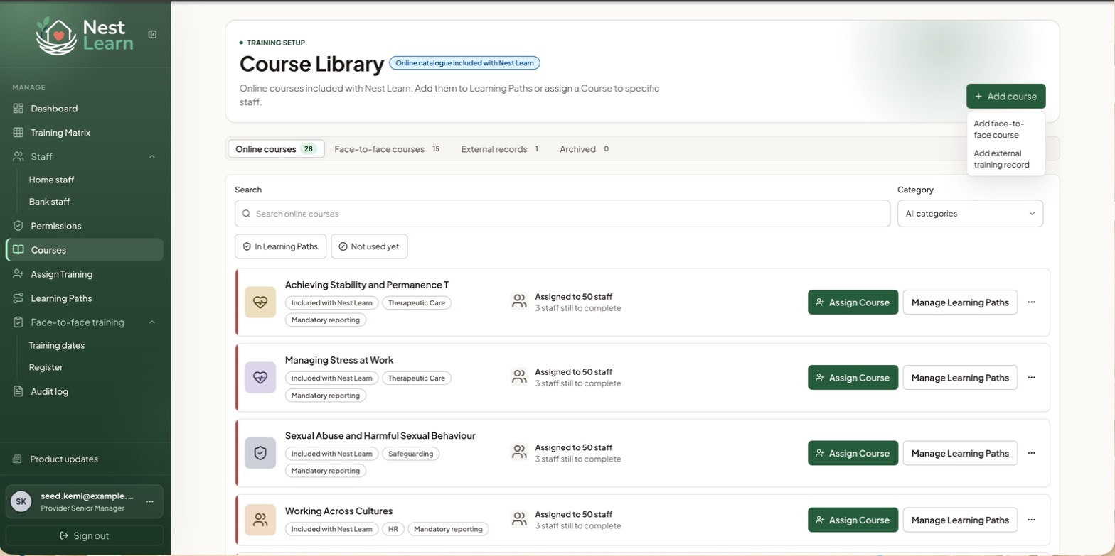 The Course Library with the Add course menu open