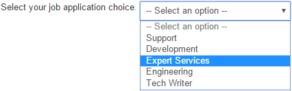 Screenshot of a Selection element rendered on a page with a drop-down list where visitors choose from predefined options