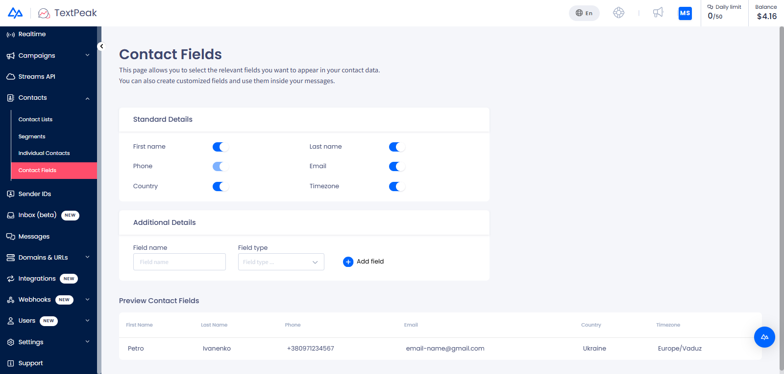 **Contact Fields** menu tab