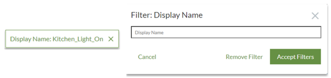 Left: Shows the Display Name Selected for the Report
Right: Shows the Display Name Filter Dialog Box
