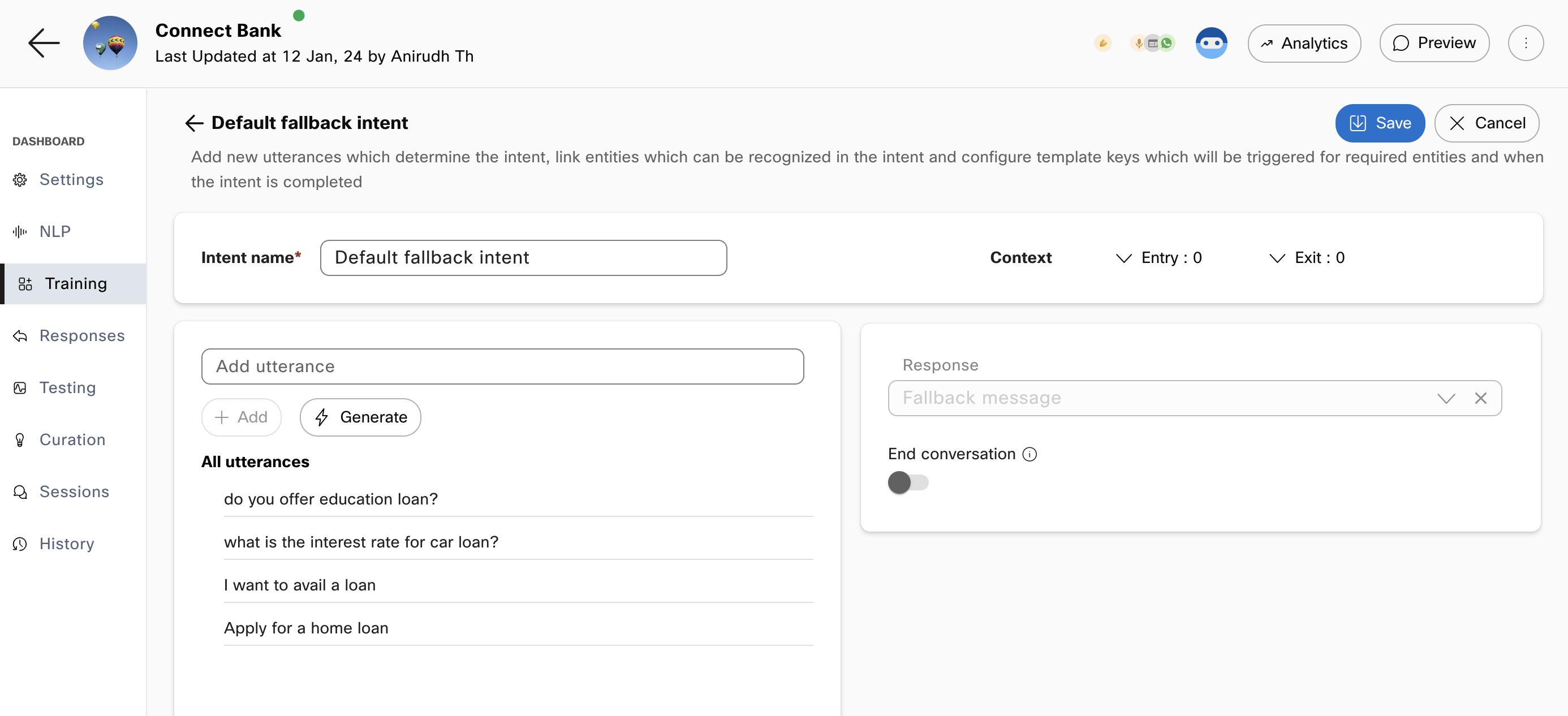 Default fallback intent in task bots