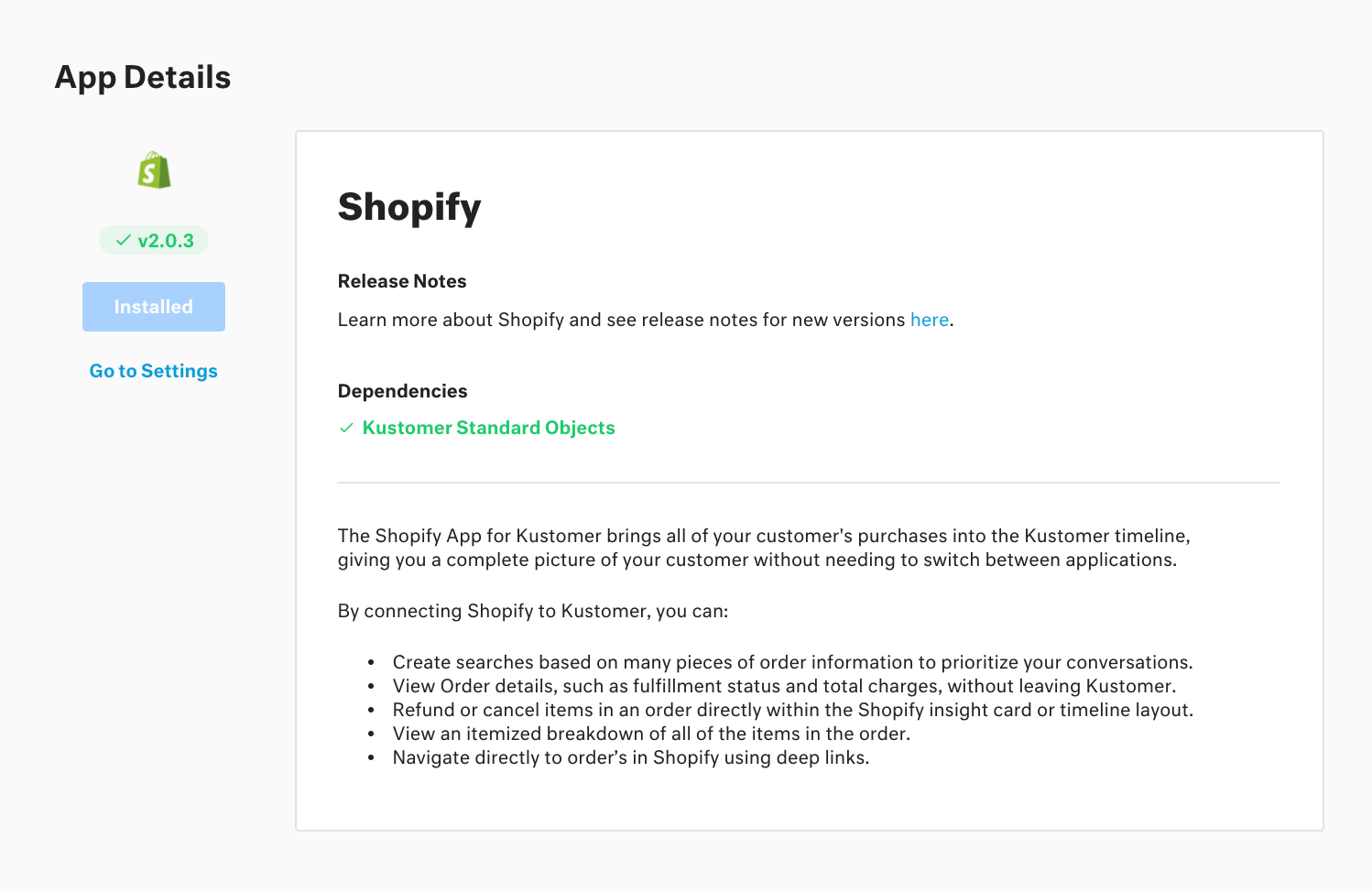 App details page for the Shopify app with app title, release notes, dependencies, and description.