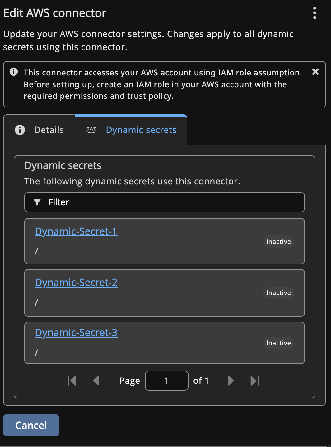 Edit AWS integration Dynamic Secrets tab listing three dynamic secrets with Inactive and Deleted statuses.