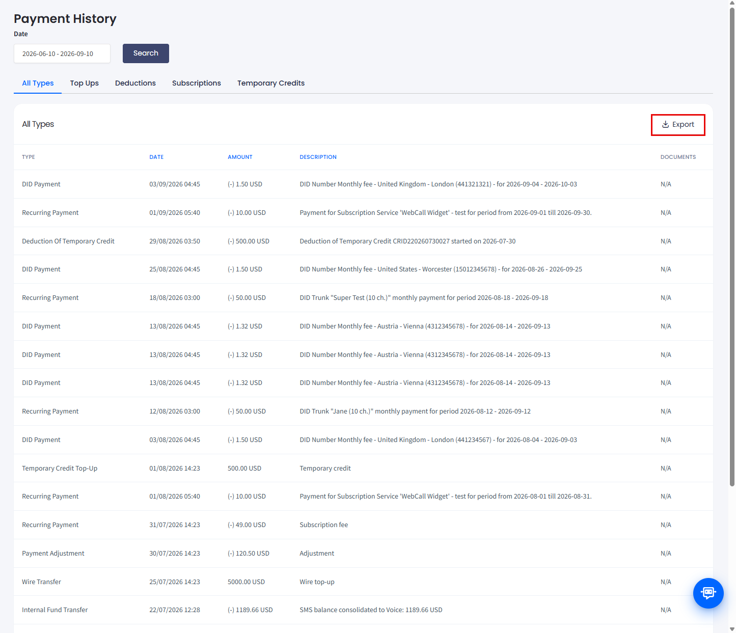 Screenshot of downloading payment history