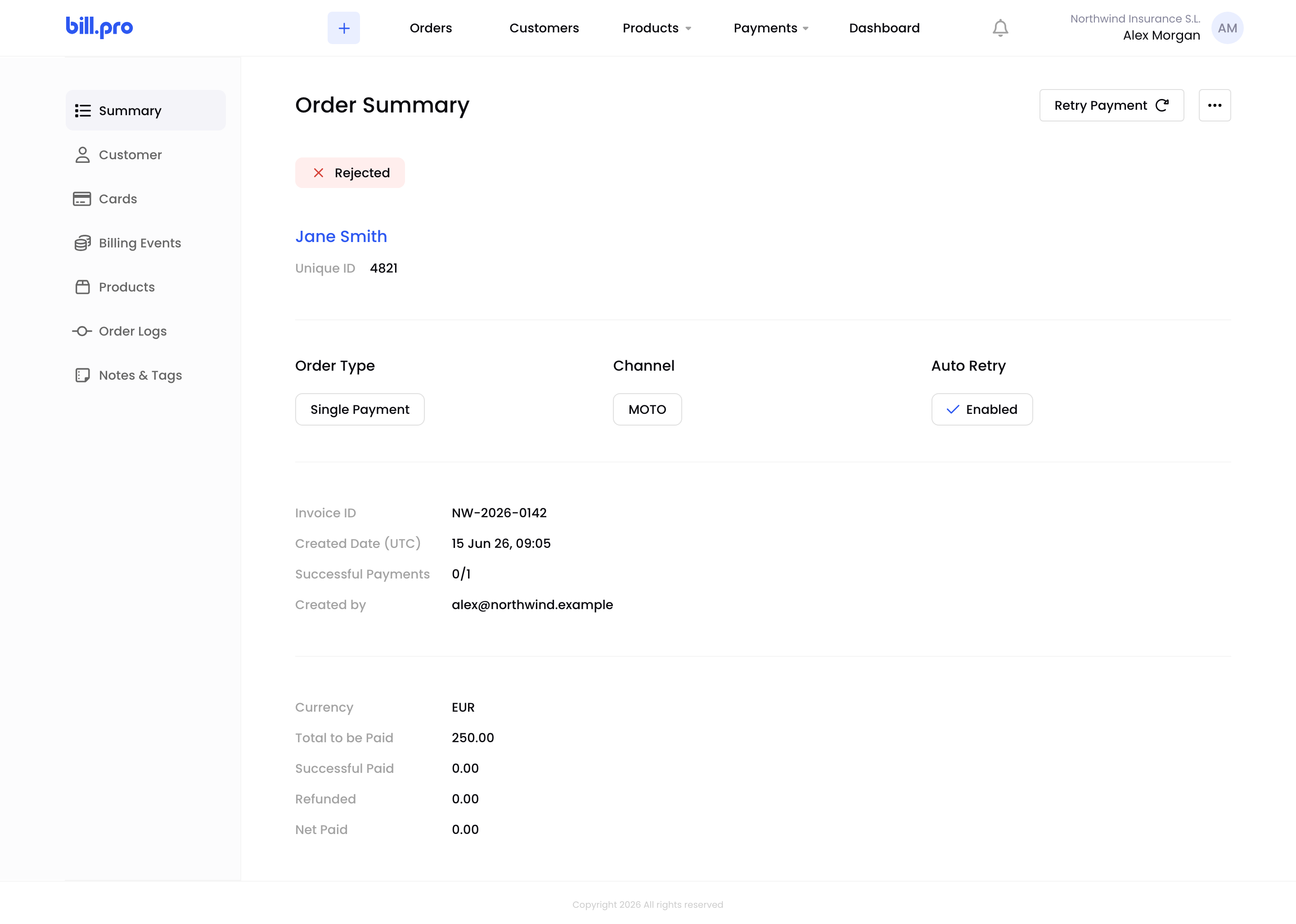 The Order Summary of a rejected order with the Retry Payment button