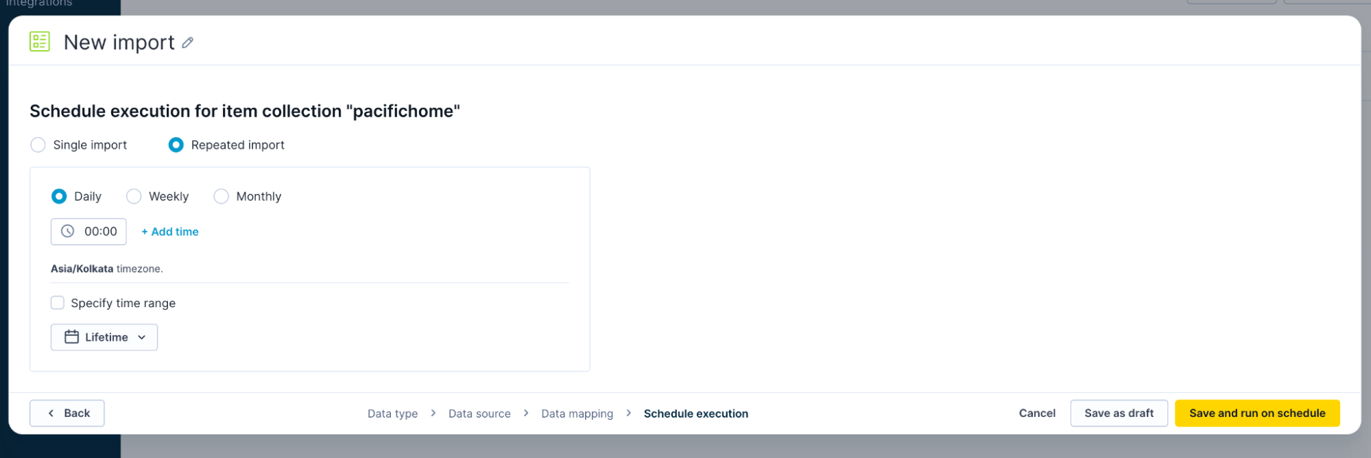 Repeated import scheduling interface with options for daily, weekly, or monthly frequency, time selection, and Save and run on schedule button.