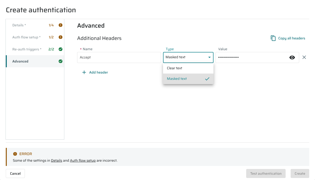 Mask toggle for 'Additional Headers' in the Authentication Flow dialog