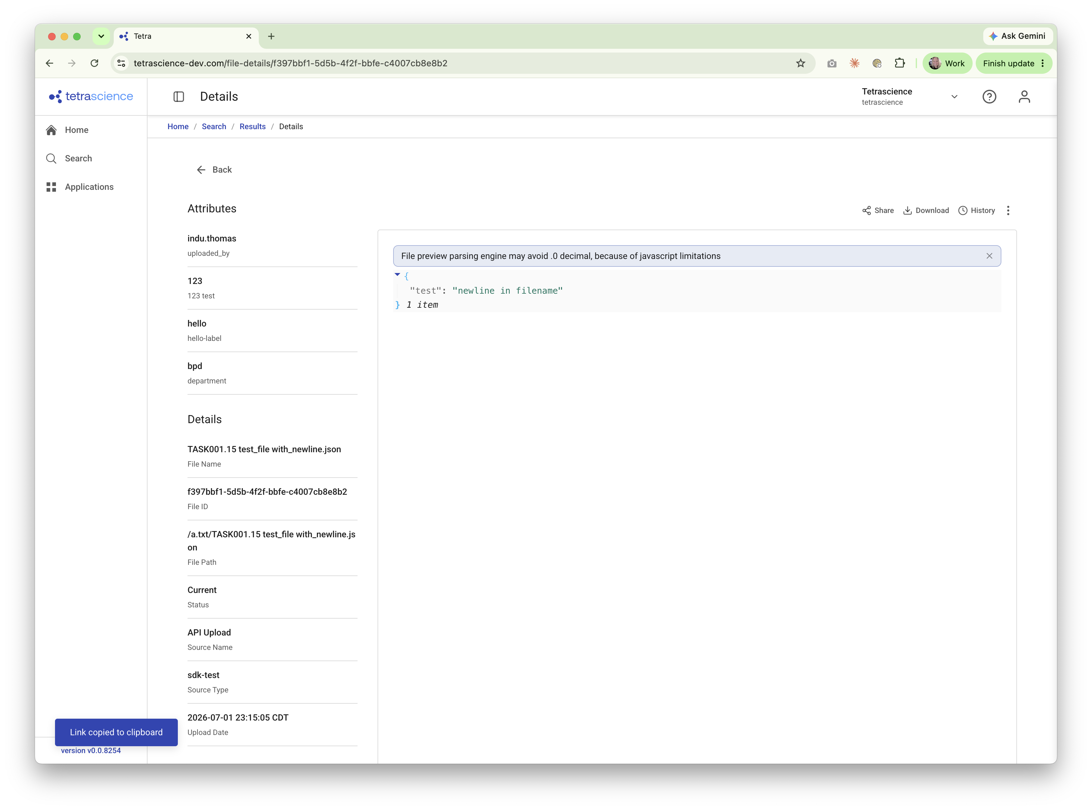 Copying a static link to the file Details page