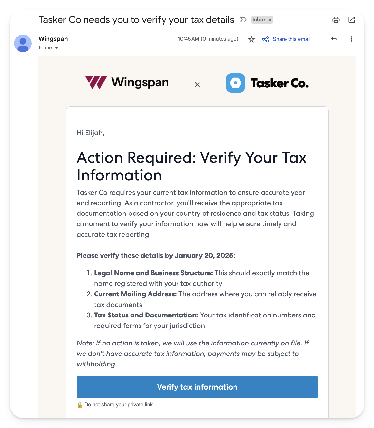 Confirmation email for contractors who have already provided their tax information via Wingspan