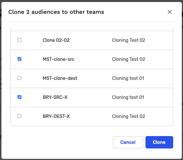 Clone modal showing target teams selection