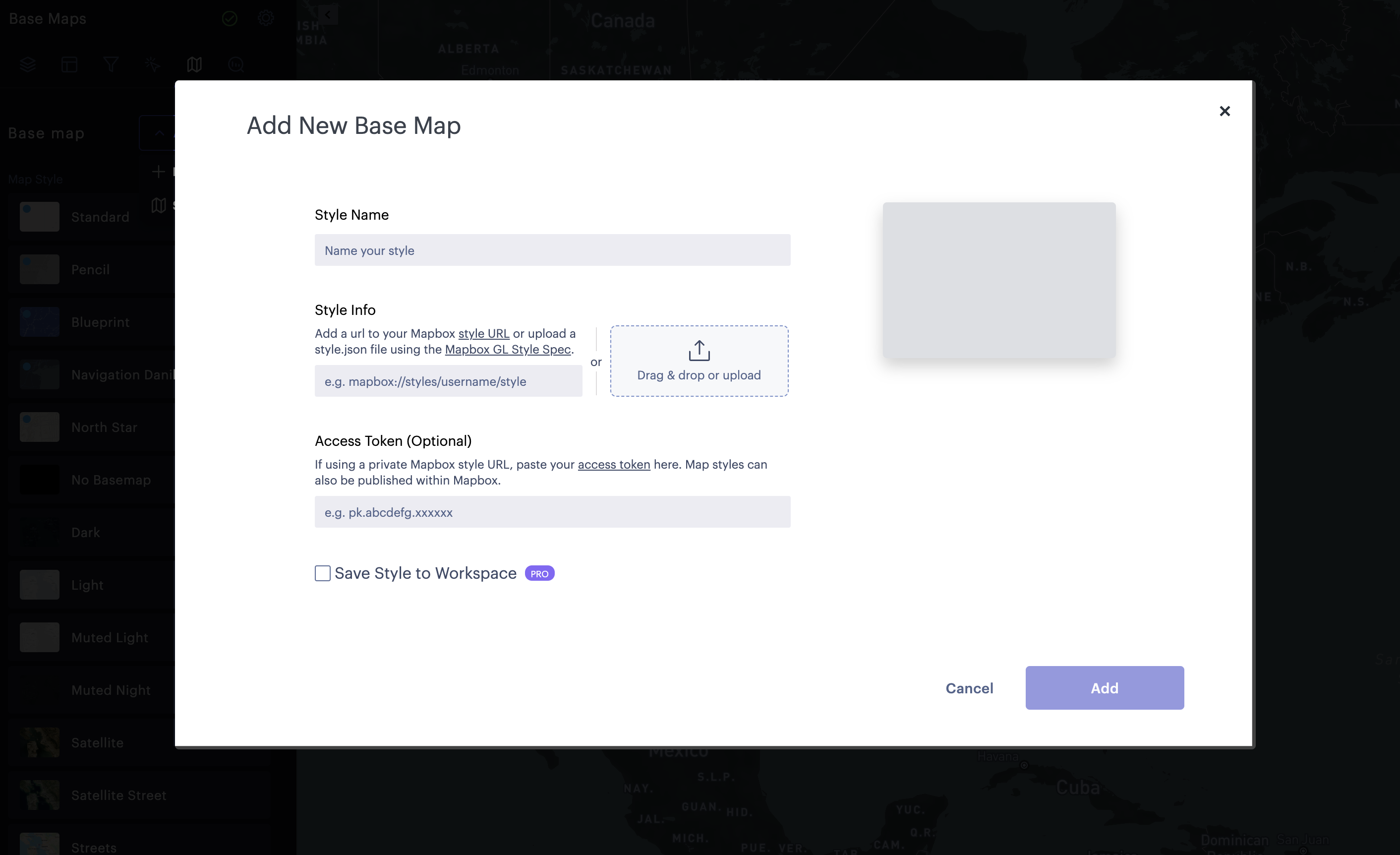 Adding a custom base map to Foursquare Studio.