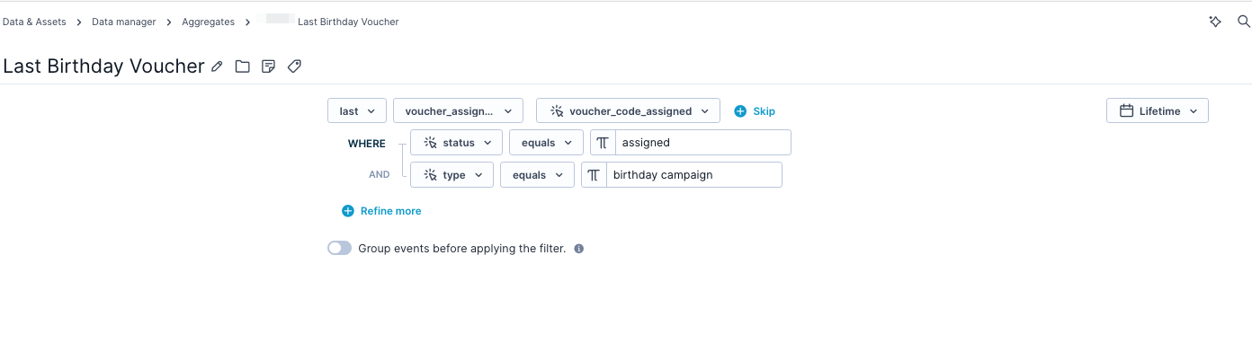 Aggregate configuration pulling the voucher_code attribute from the customer's most recent voucher event, filtered by type and status