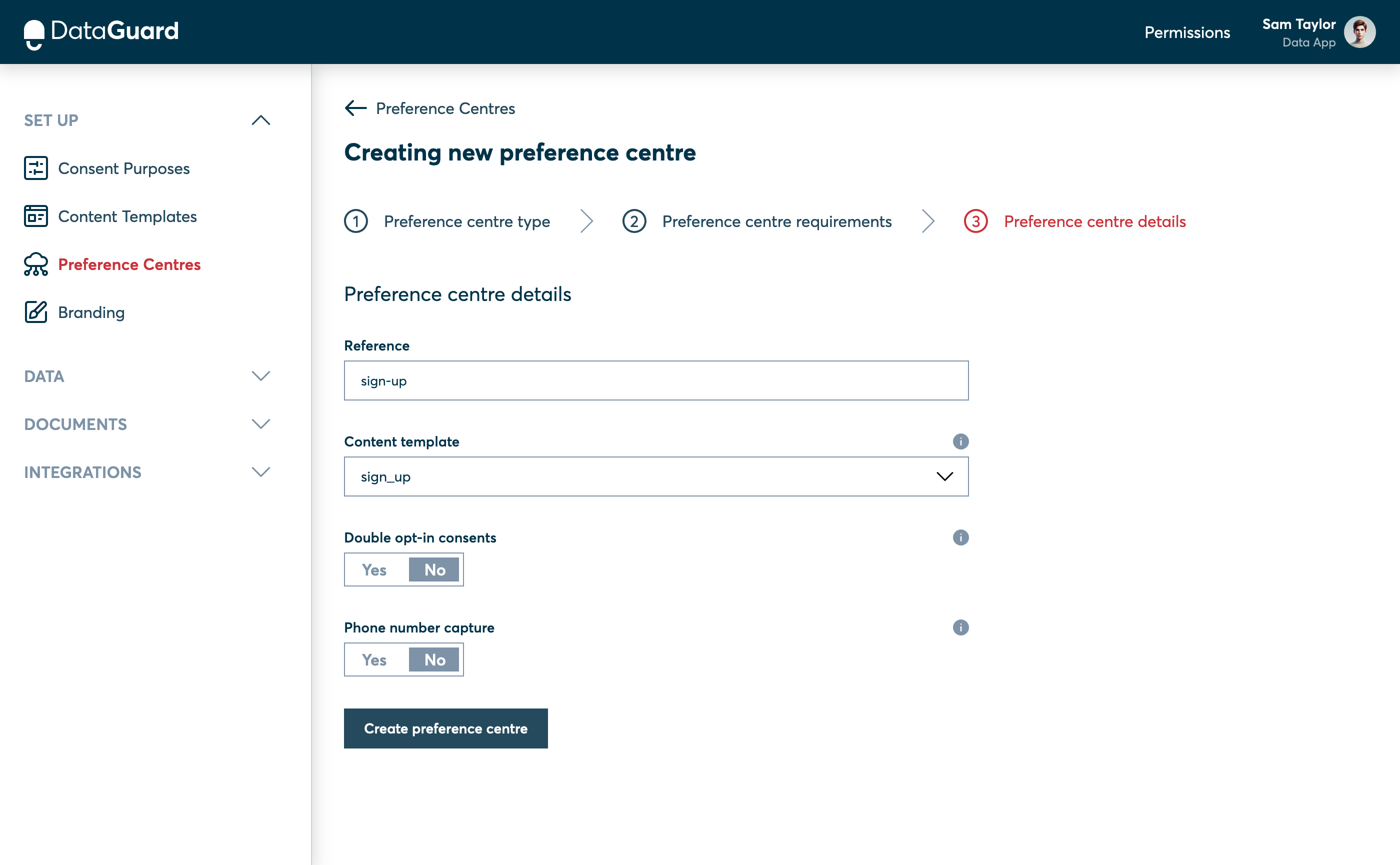 The Preference centre details step of the Preference Centre UI.