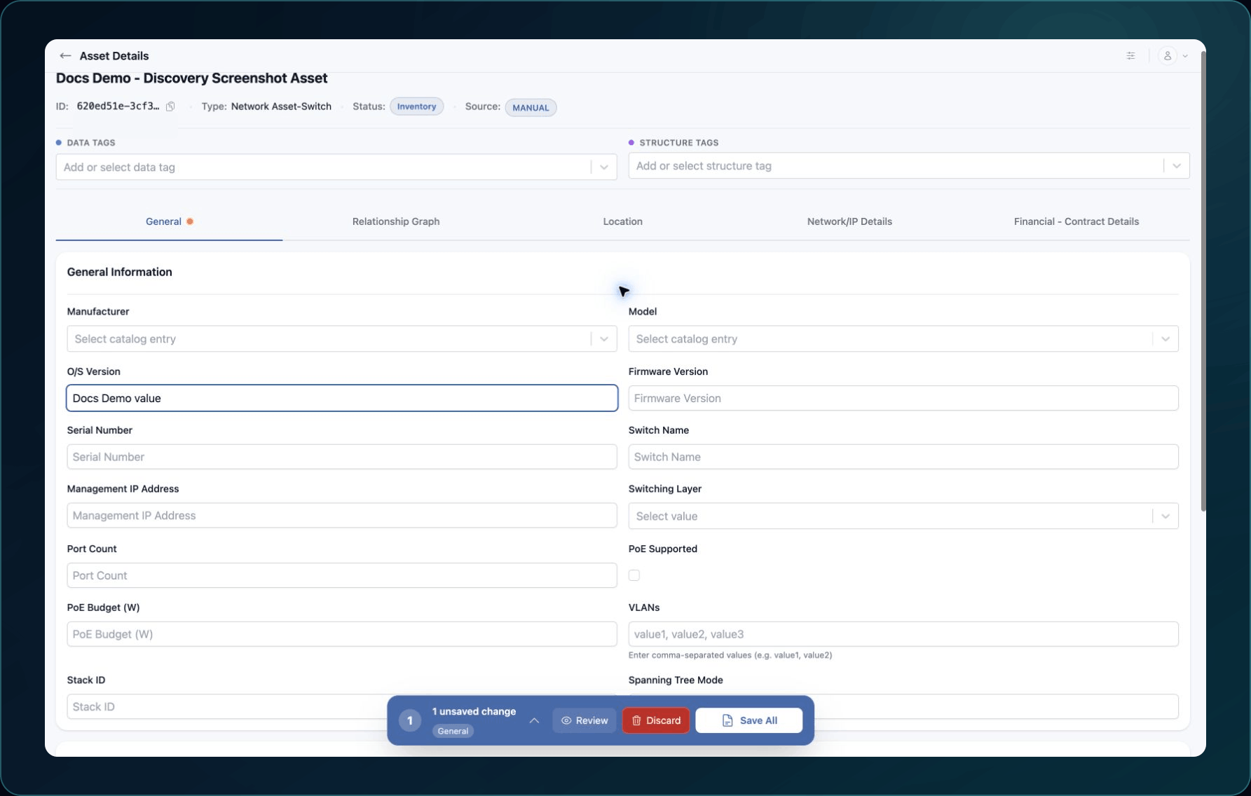 Asset Type-specific fields with catalog choices and the Review, Discard, and Save All change bar.