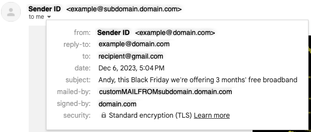 An email received with a Custom MAIL FROM configured (see "mailed-by" field)