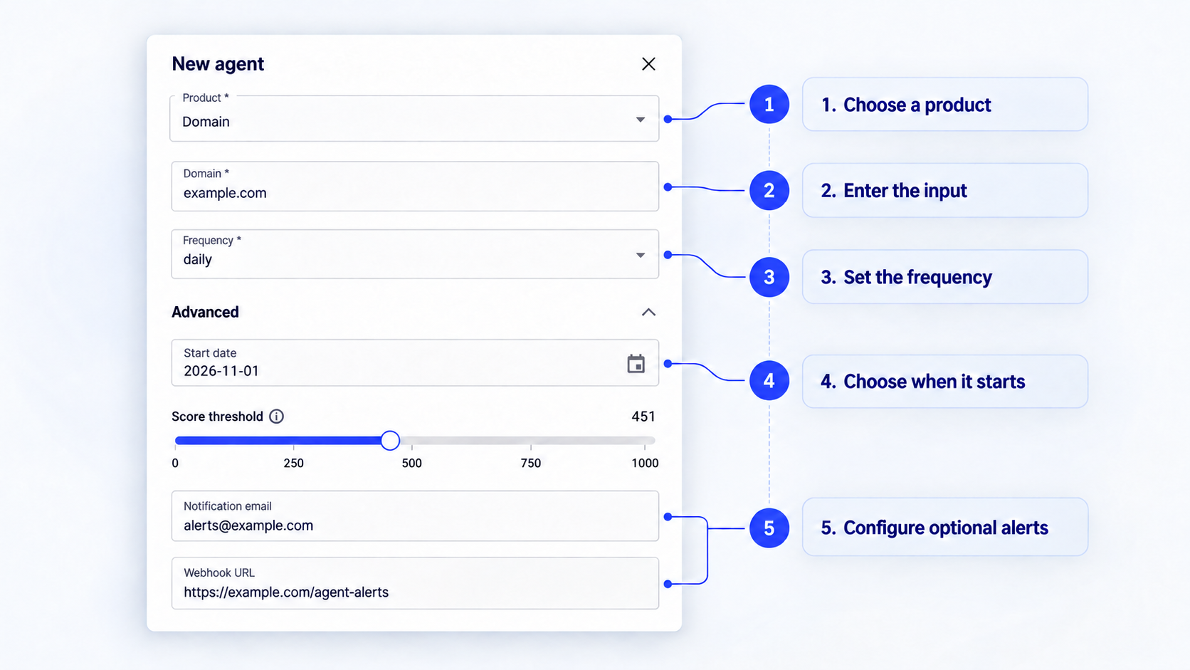 Example configuration for a daily Domain Agent in the Trustfull dashboard