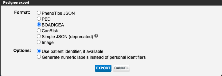 A screenshot of PhenoTips' pedigree export options. Under format options include "PhenoTips JSON", "PED", "BOADICEA" which is selected, "CanRisk", "Simple JSON (deprecated)", and "image". Another menu has "Options" including "Use patient indentifier if available" and "Generate numeric labels instead of personal identifiers". 