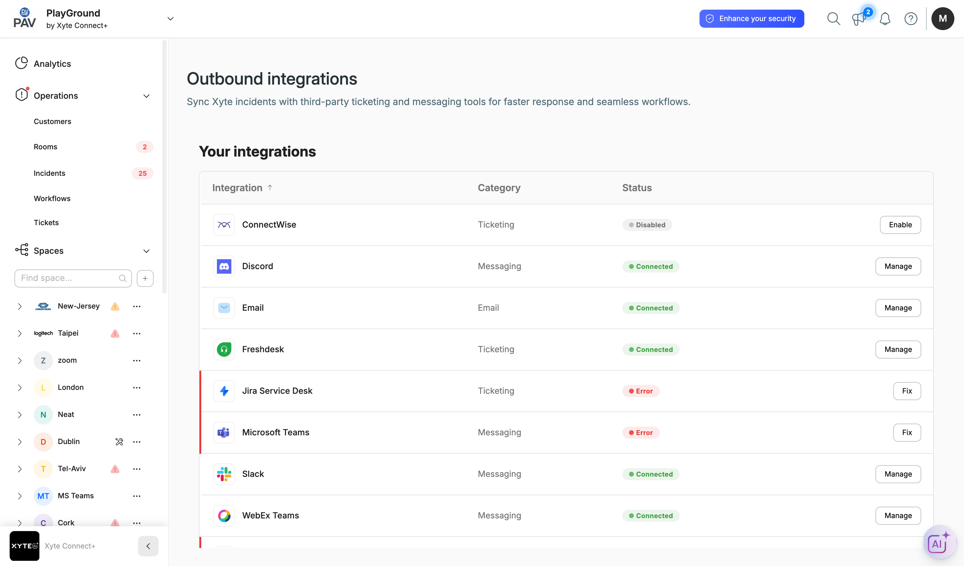 The Outbound integrations screen listing your integrations and their status.