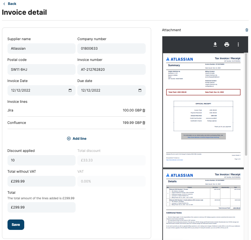 Invoice form fulfilled