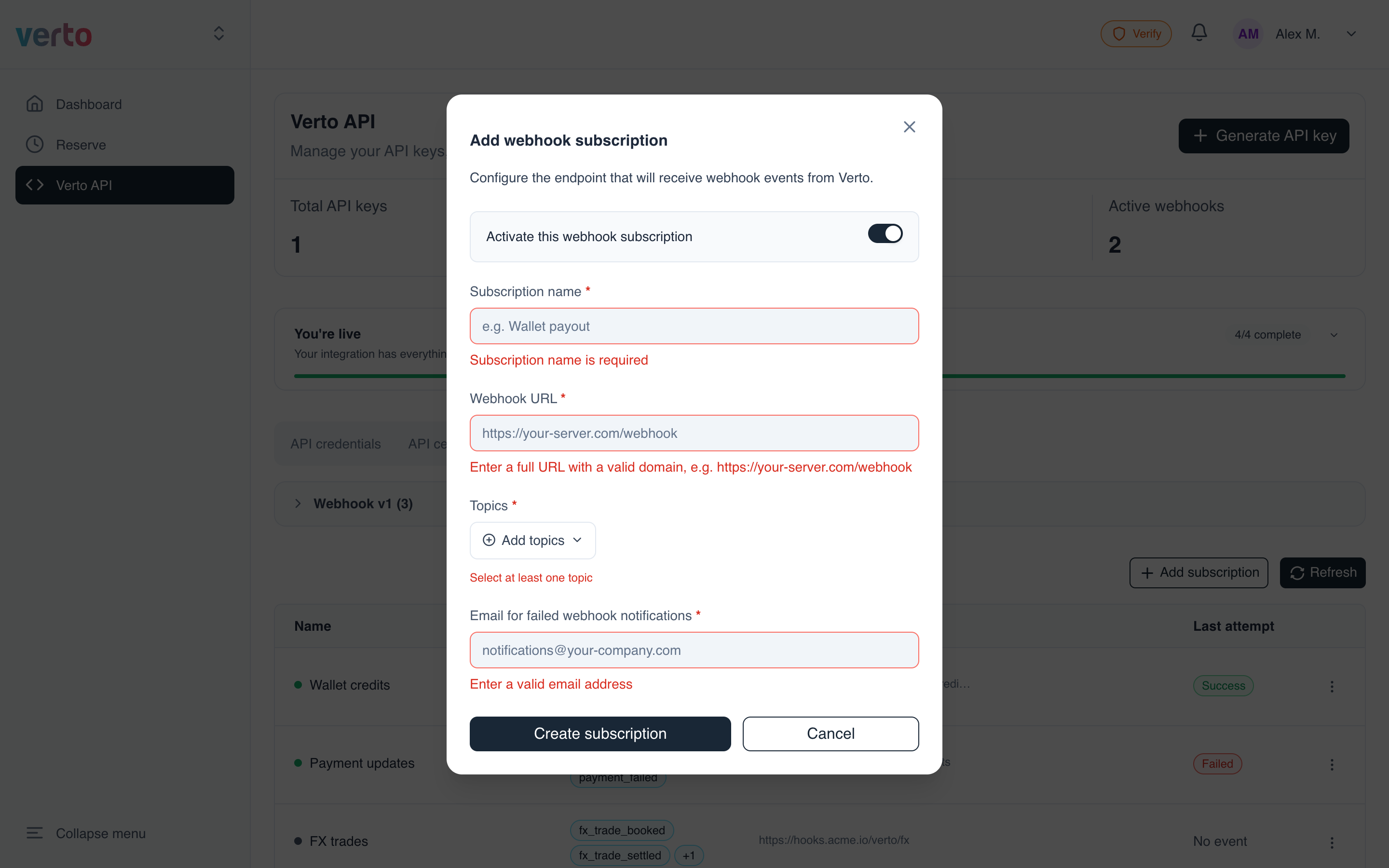 Validation messages on the subscription form