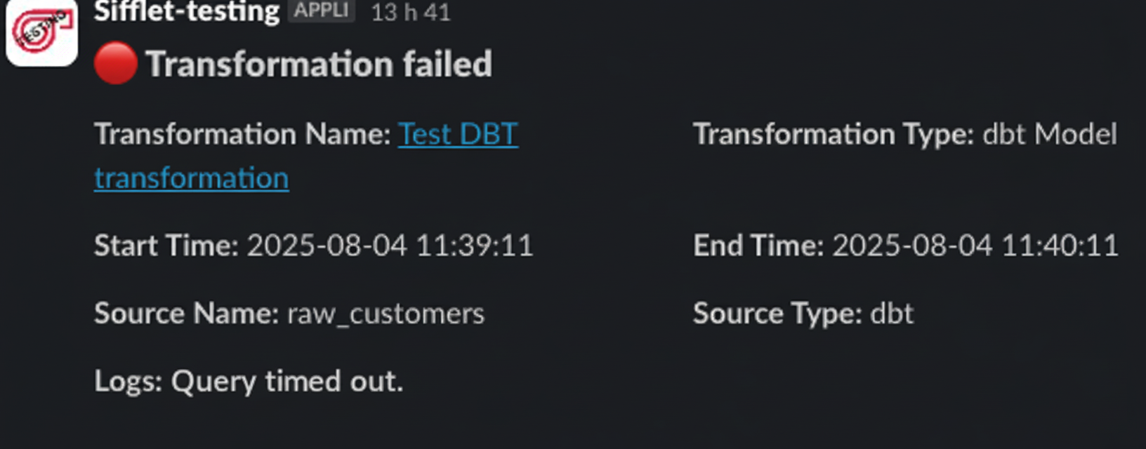 Sample Slack notification for dbt model failure