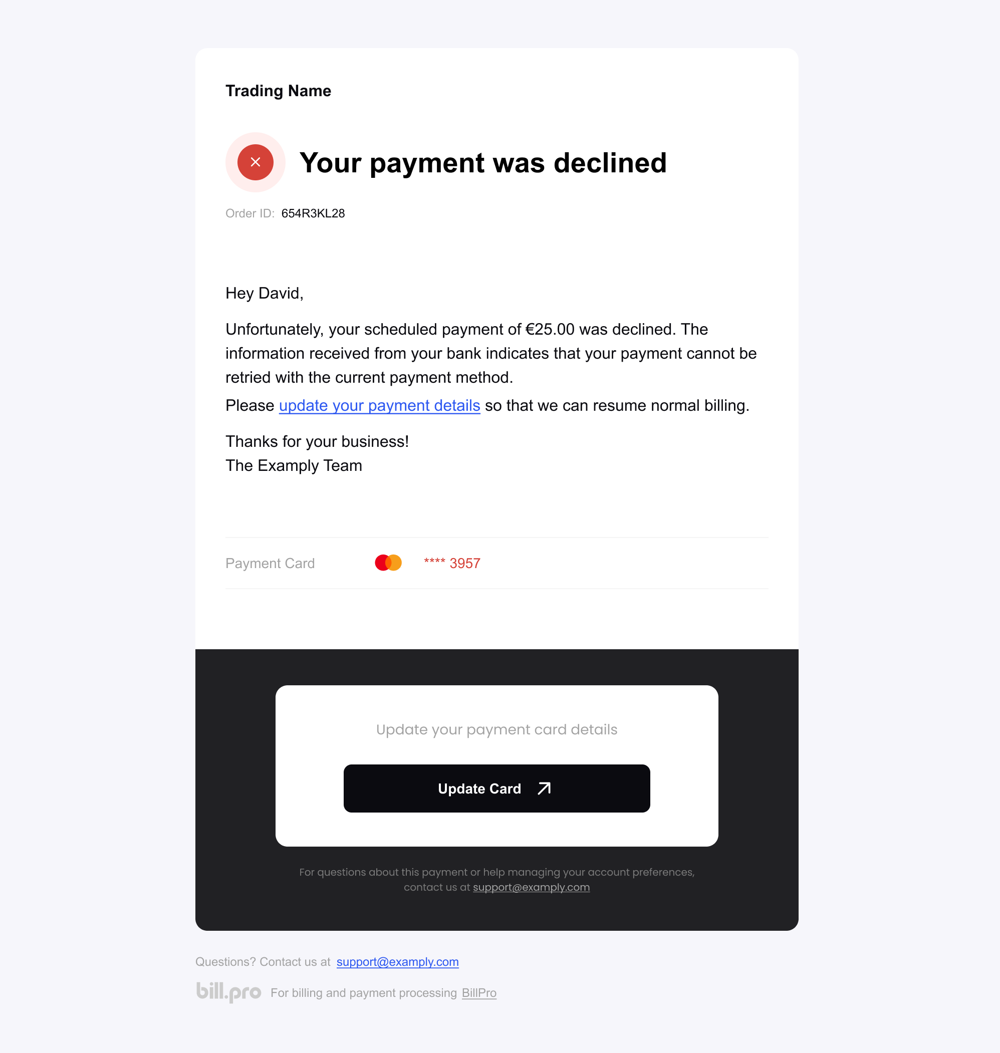 The email notifying that the scheduled payment was hard declined