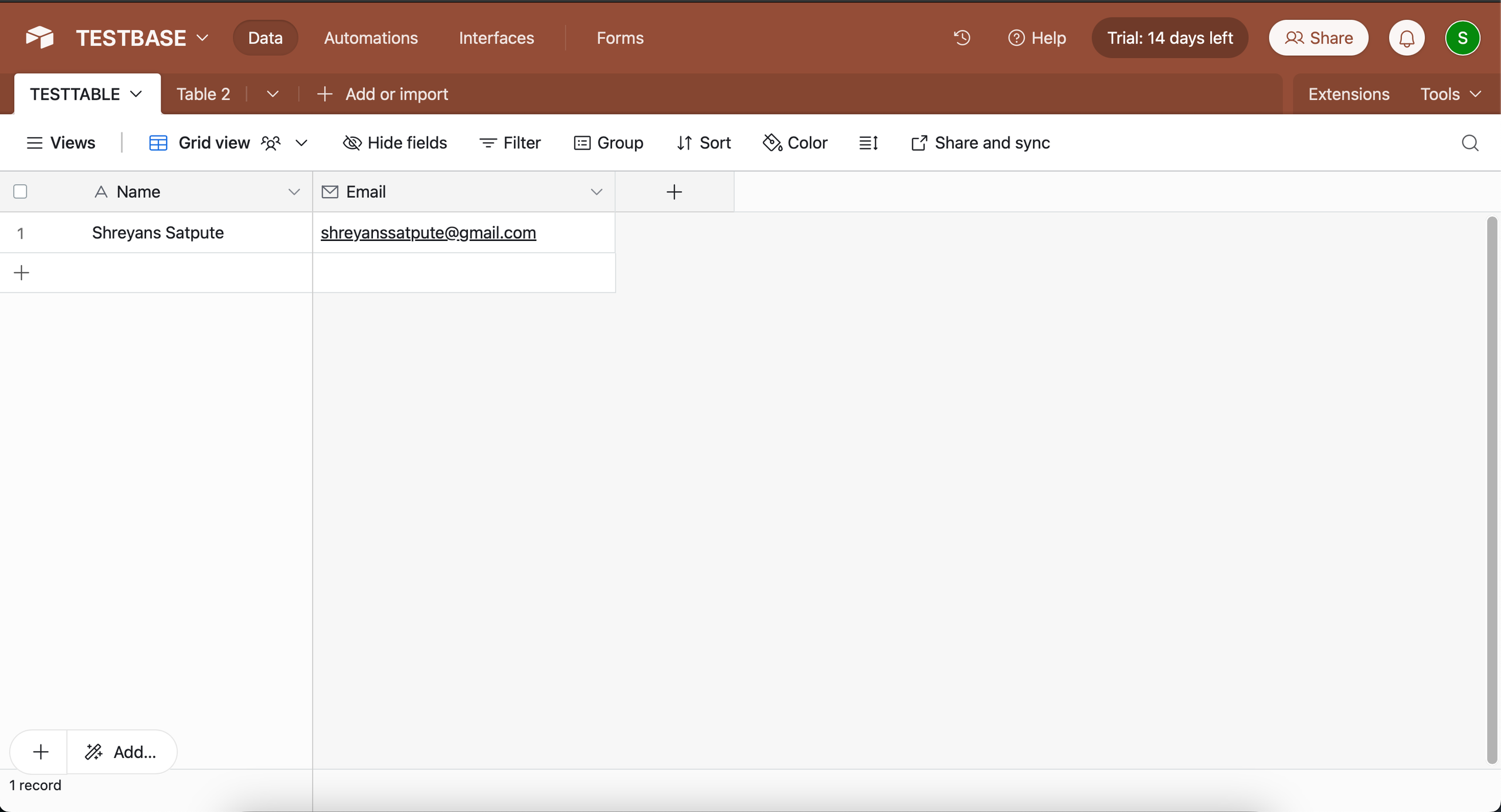Test entry successfully reflected in Airtable
