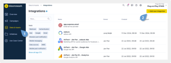 Add new integration button highlighted on the Integrations page in Bloomreach.