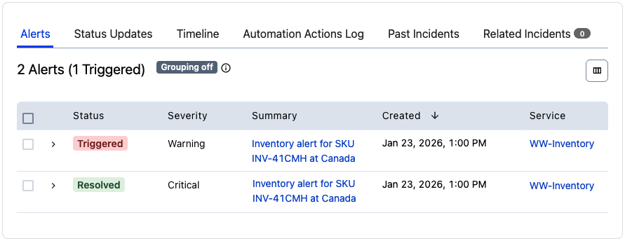 Merged alerts A screenshot of the PagerDuty web app showing merged alerts