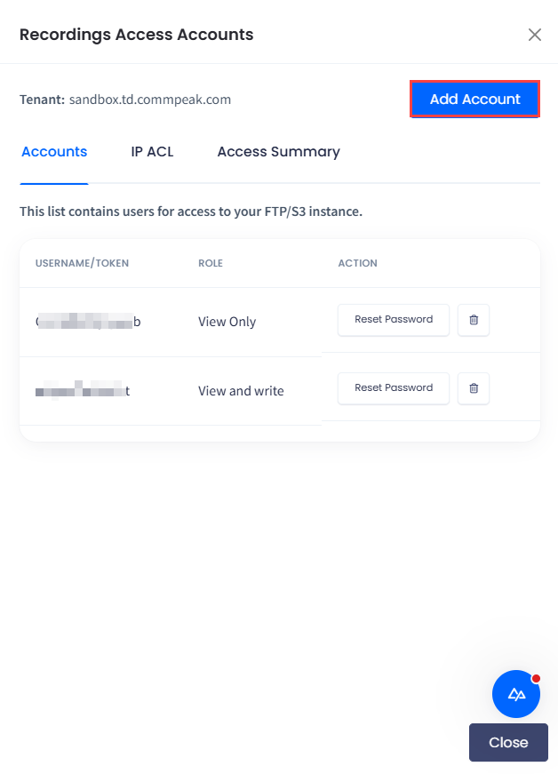 Screenshot of the sidebar with account added for accessing recordings
