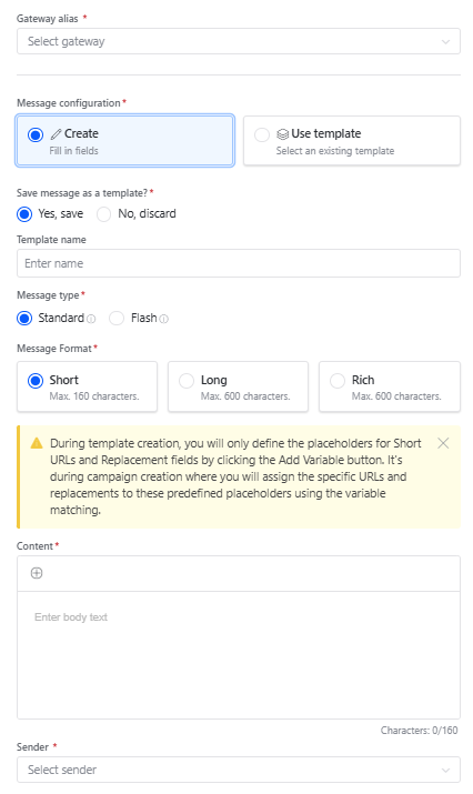 SMS create message configuration option