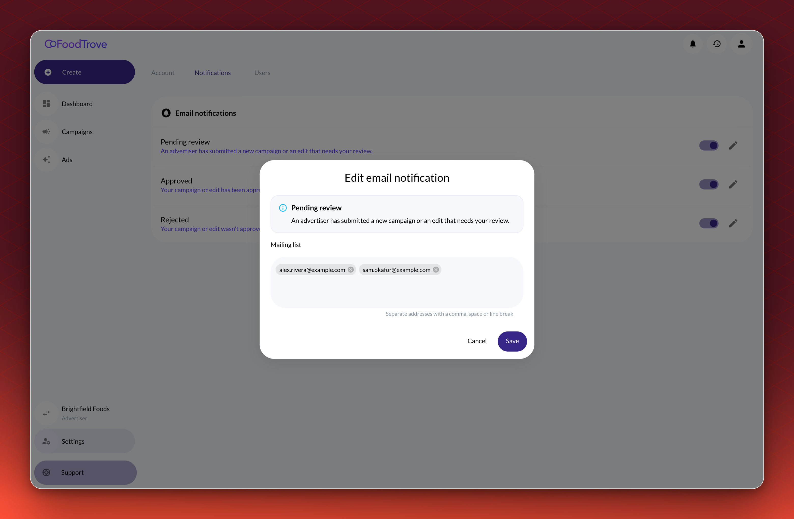 The Edit email notification dialog over the Notifications tab, showing the email name and description and a mailing list with two addresses.