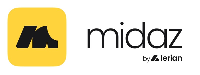 Midaz logo featuring a stylized black letter M on a yellow square background, followed by the word Midaz in lowercase black text. Below the world Midaz is the text by Lerian with a small Lerian logo next to it.