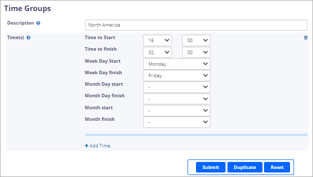 Screenshot of the **Time Groups** page