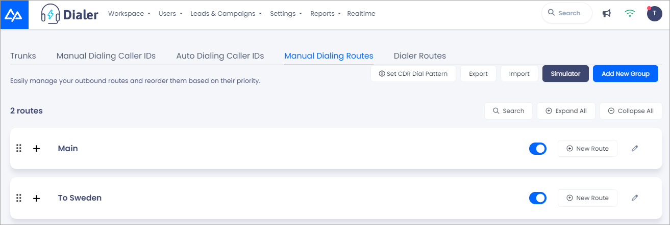 Screenshot of the Manual Dialing Routes tab