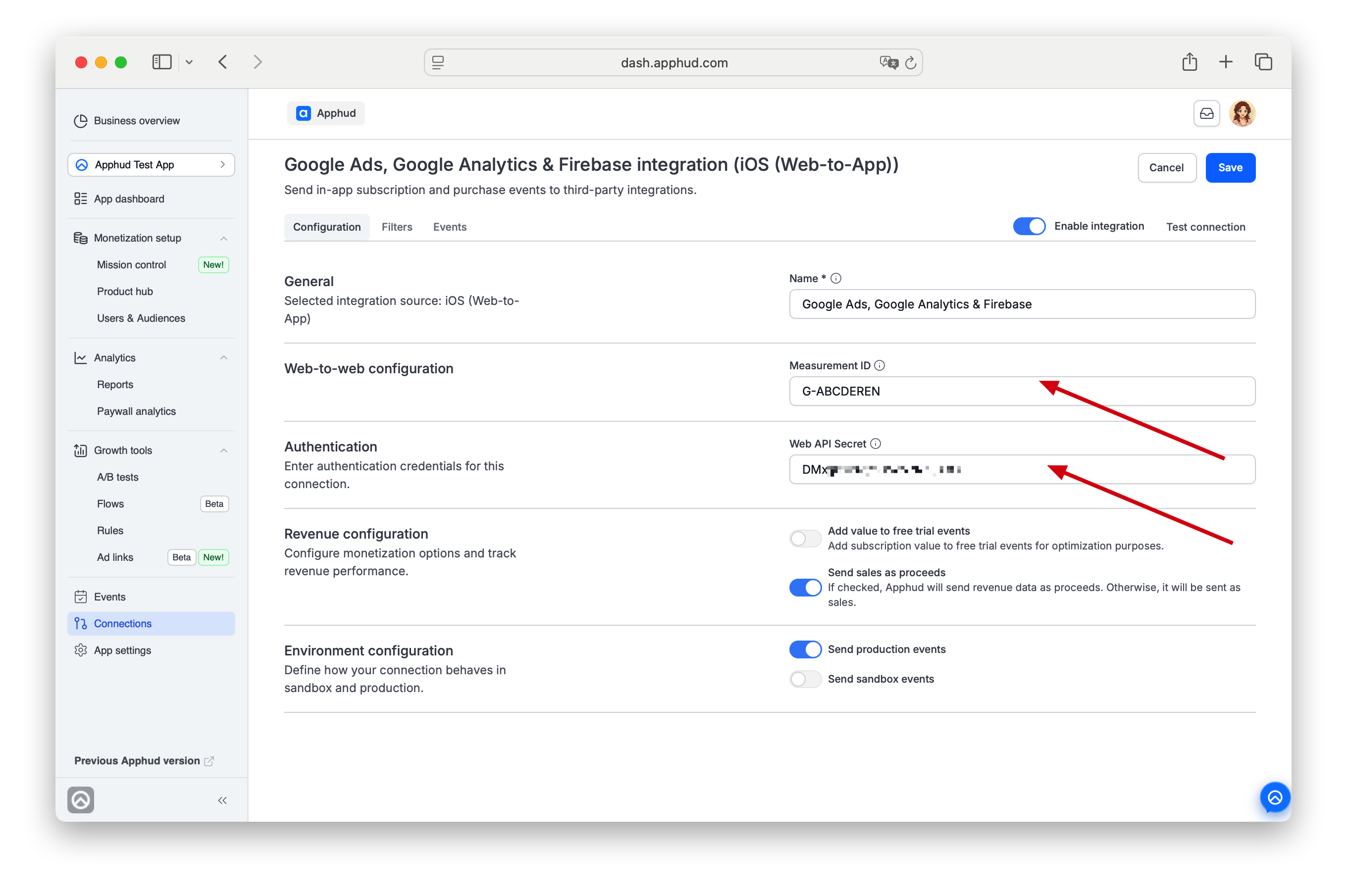 Apphud - Google Ads web-to-app integration settings