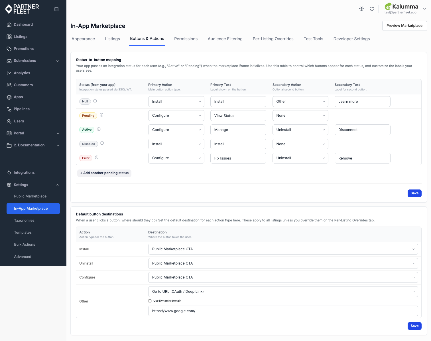 In-App Marketplace Buttons & Actions tab showing status-to-button mappings and default button destinations