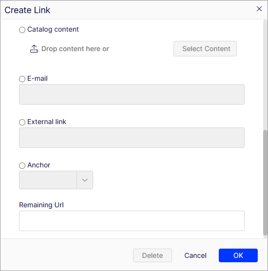screenshot of the Create Link dialog box for linking to a catalog, category, catalog entry, or variant