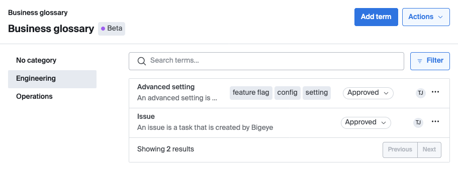 The business glossary list with a category selector on the left side