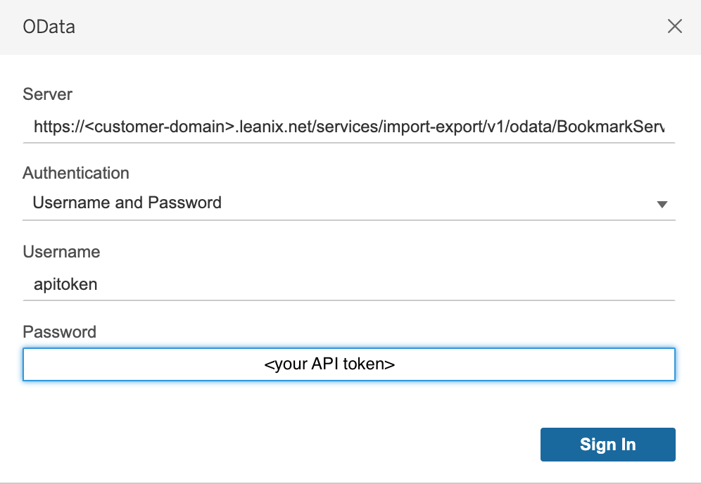 Entering Authentication Details for OData Connection