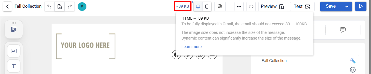 Email size indicator