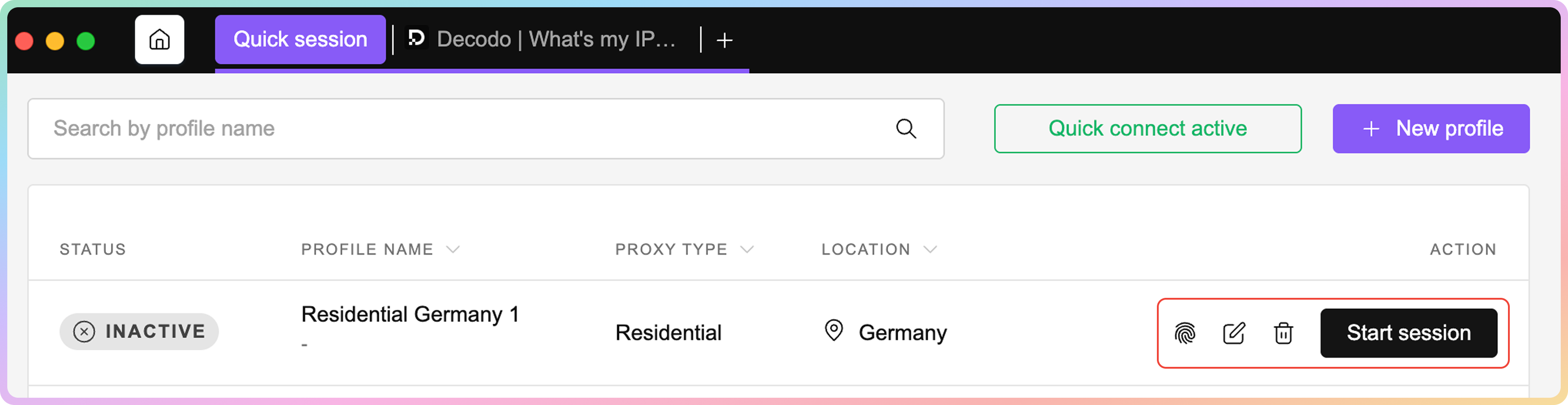 X Browser – saved profile section.