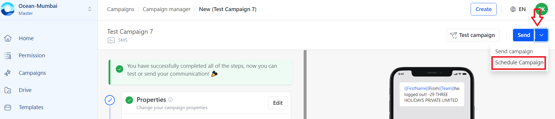 SMS schedule campaign dropdown