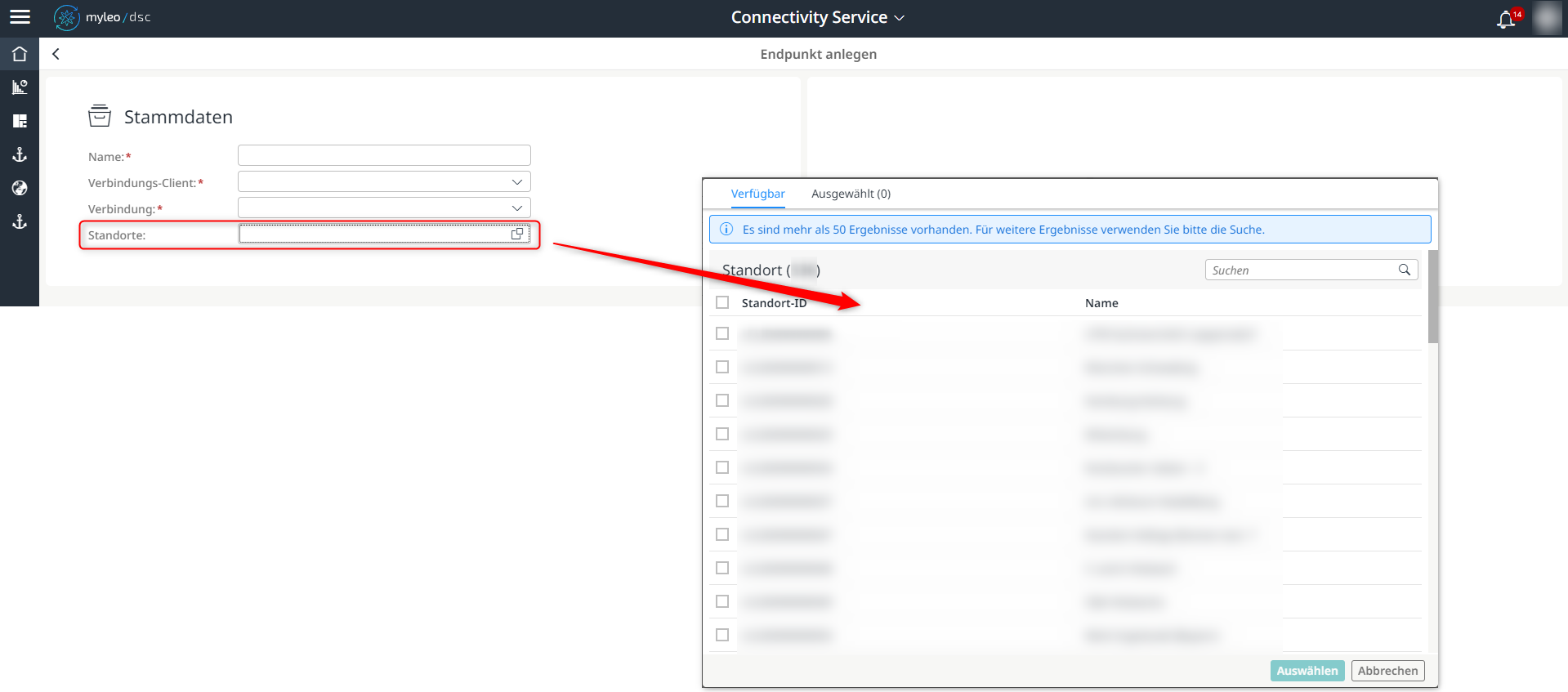 Auswahl der Standorte beim Anlegen eines Endpunktes