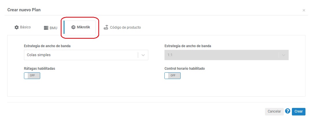 Crear nuevo plan Mikrotik
