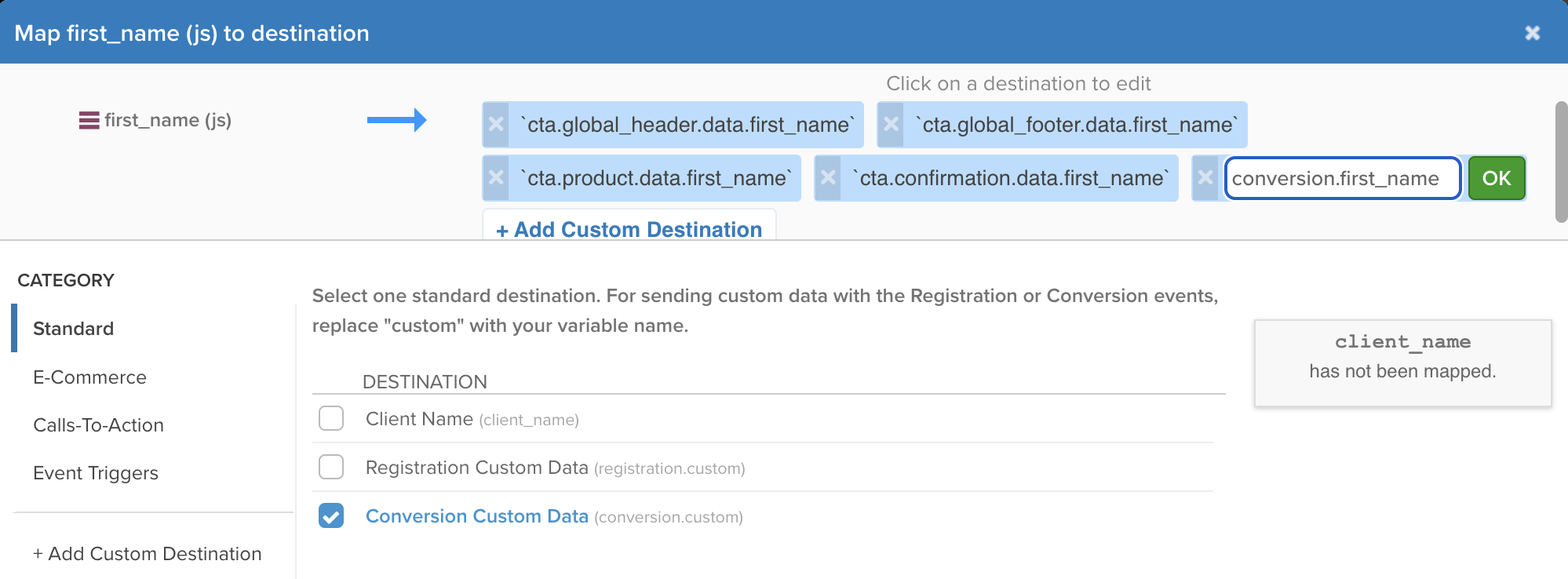 Setting a Conversion Destination for `first_name` in Tealium