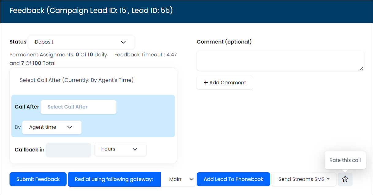 Sceenshot of the feedback page in the Legacy Agent Interface